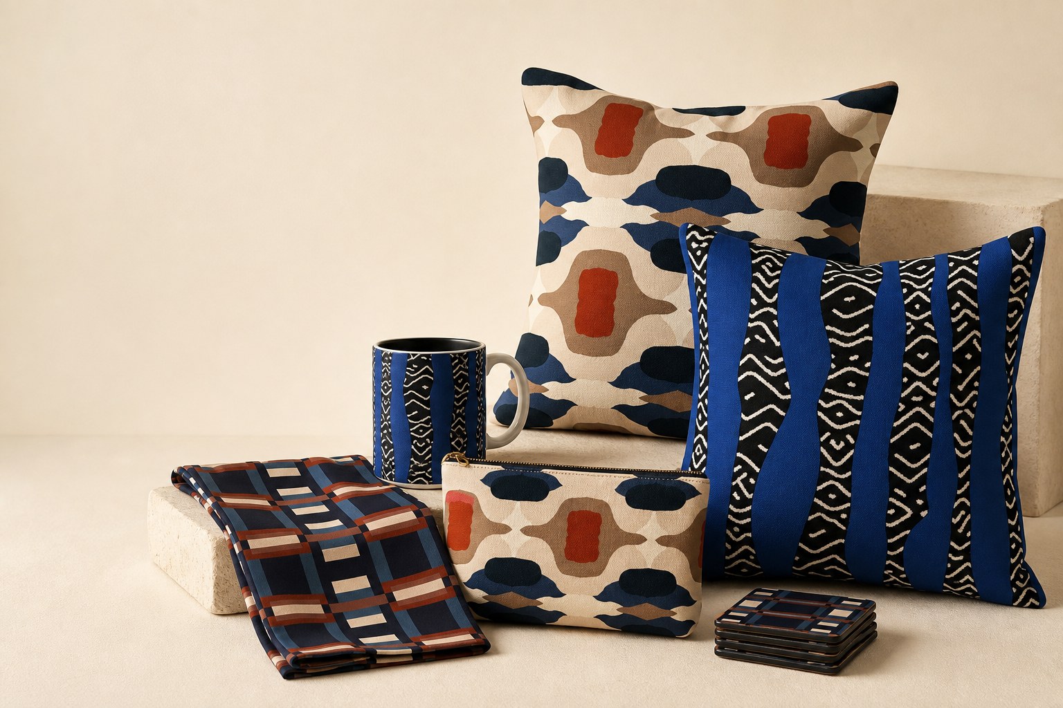 Shambrown patterned cushions, mug, pouch, tea towel and coasters